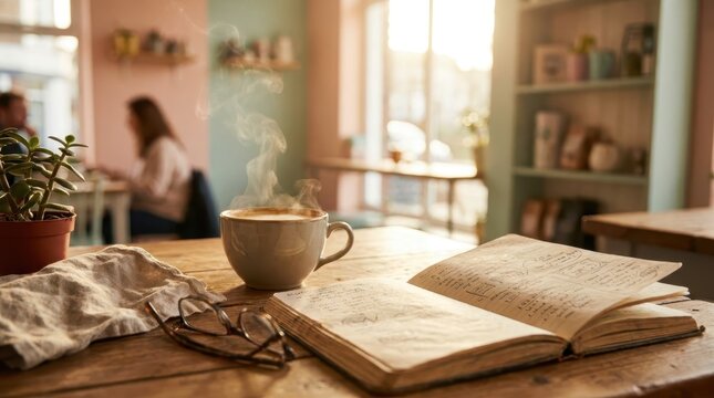 Steaming coffee cup with open notebook on layered cafe table