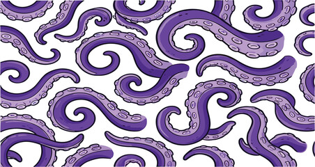 Seamless octopus tentacle pattern with purple curling arms and suction cups, marine vector background © Jannatun
