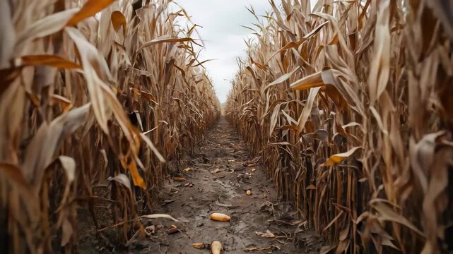 Dry cornfield pathway with withered maize stalks and fallen cobs showing drought damage, harvest season, and rural agriculture land