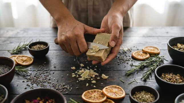 Overhead View of Hands Whittling Herbal Soap Bar with Dried Herbs