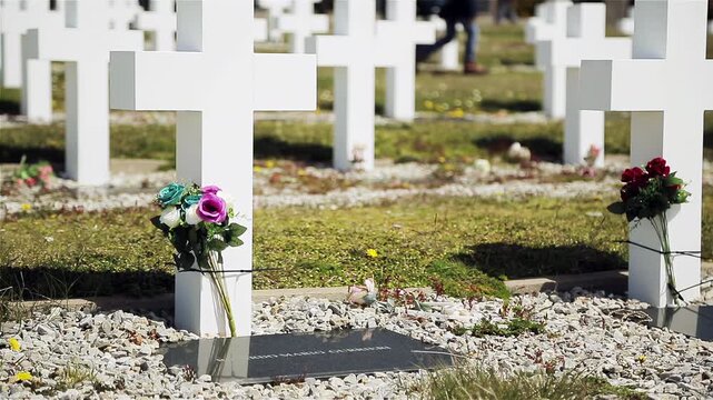 White Crosses With Flowers At The Argentine Military Cemetery In Falkland Islands Islas Malvinas - 4K