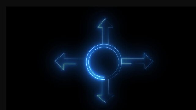 A glowing neon circle with four upward-pointing arrows against a deep black background.