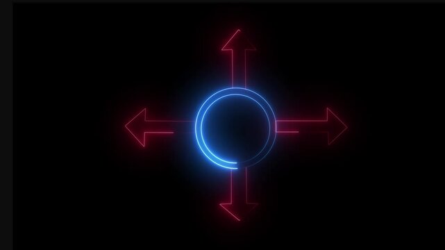 A glowing neon circle with four upward-pointing arrows against a deep black background.