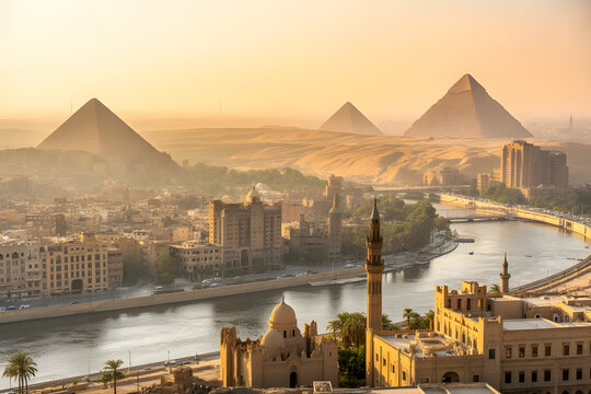 Giza Pyramids and Cairo Cityscape at Sunrise