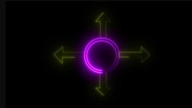 A glowing neon circle with four upward-pointing arrows against a deep black background.