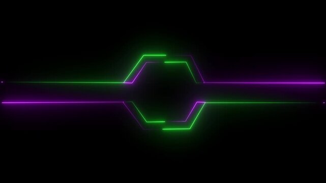 purple and green neon hexagon frame loop animation with black background.