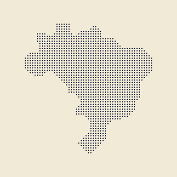 Stylized dotted halftone map of Brazil on beige vintage background. Minimalist retro design ideal for posters, prints, travel, and geographic projects.