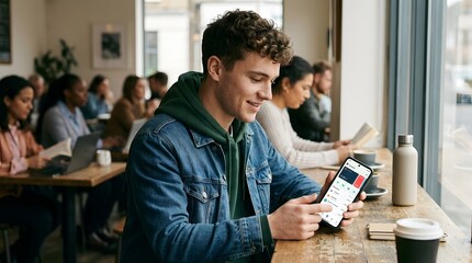 Fototapeta premium Young man using smartphone in coffee shop checking mobile banking or finance app