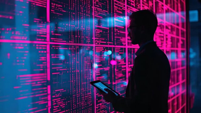 Silhouetted Man Holding Tablet Device in Front of Large Digital Screen Filled with Glowing Pink Blue Code Data Streams and Grid Lines