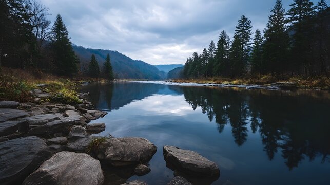 Calm waters mirror the overcast sky and densely forested mountainside in a vast quiet valley