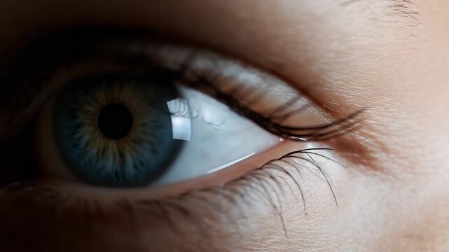 Detailed macro view of vibrant blue green human eye with intricate iris patterns black pupil reflection and eyelashes