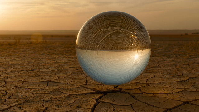 Surreal anomaly with levitating water sphere in the desert, creative science concept.