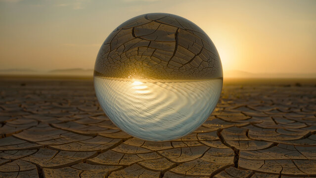 Surreal anomaly with levitating water sphere in the desert, creative science concept.