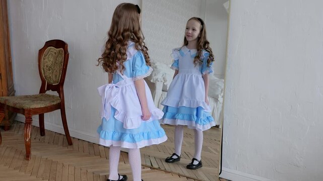 Girl Admiring Mirror Reflection In Blue Dress With White Apron, Standing In Vintage Room With Parquet Floor And Chair, Practicing Twirl And Posture, Shy Smile, Cascading Curly Hair, Soft Natural