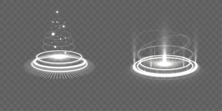 Neon glowing plasma vortex energy ring portal with smoke particles swirl dynamic spiral effect isolated transparent background vector png abstract futuristic light circle design element