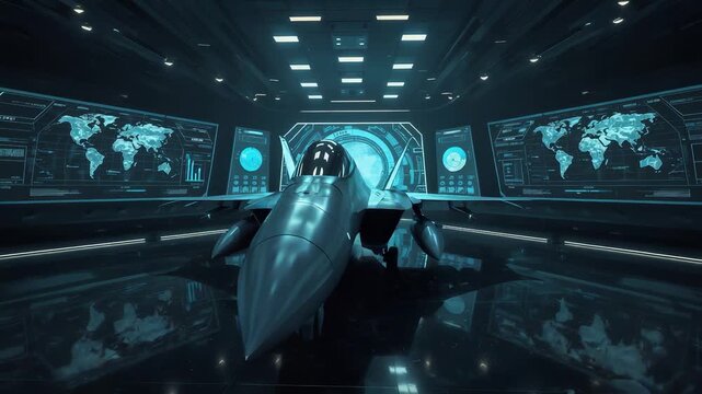 Futuristic spaceship cockpit interior with glowing world map screens blue lighting and reflective floor in command center