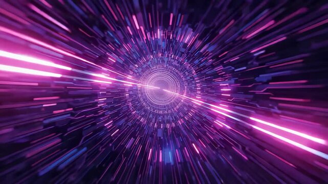 Vibrant purple pink and blue light streaks forming glowing tunnel vortex with motion blur in abstract space