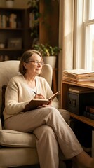 Obraz premium Senior woman writing in journal while relaxing in comfortable armchair by sunny window at home with books and plants in cozy living room interior.