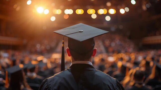 Graduate from behind in black cap and gown facing large audience at university graduation ceremony with bright stage lights in auditorium