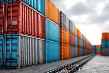 Fototapeta premium Stacked shipping containers in organized storage yard with forklift lane