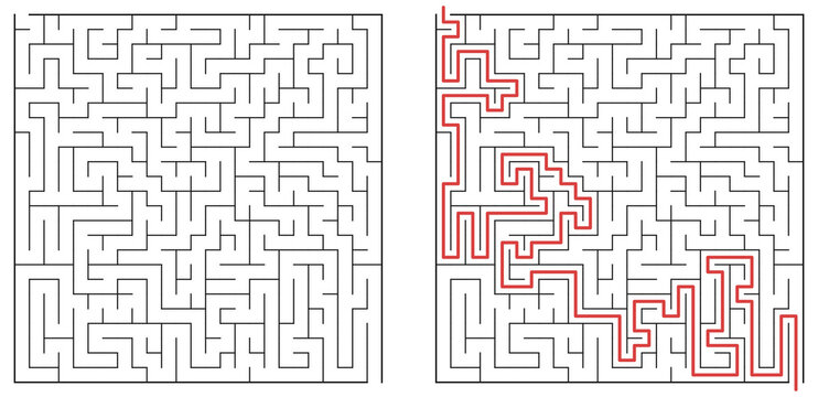 Medium level square maze labyrinth with solution path highlighted, symbolizing logic challenge, problem solving and brain training. PNG image isolated on a transparent background