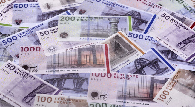 Money, currency of Denmark, Danish krone banknotes. Denmark, Danish money