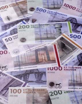 Money, currency of Denmark, Danish krone banknotes. Denmark, Danish money
