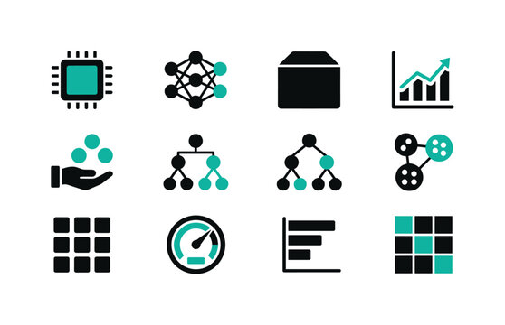 AI and data science icons representing machine learning, analytics, and computing