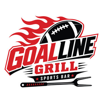 GoalLine Grill sports bar logo with flaming football, bold red typography and grilling fork, ideal for tailgate parties, game day menus, restaurant branding and team spirit concepts