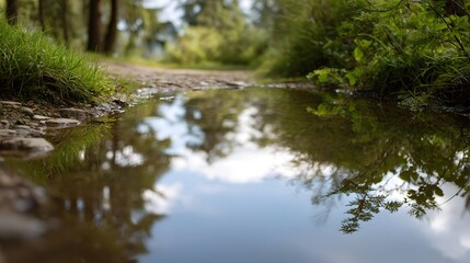 Obraz premium Tranquil reflections of the sky and surrounding greenery captured in a woodland stream along a natural path