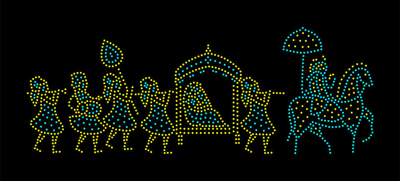 Rhinestone hotfix transfer template, traditional indian wedding design, bridegroom on horse, bride in doli, and a man playing dholak, and another is flute, laser cutting, 2.2 mm hole size 6 ss. F-7
