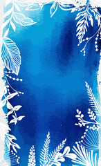 Watercolor blue background with delicate white flowers around the perimeter . Hand drawn. Not AI, vector illustration. © Мария Неноглядова