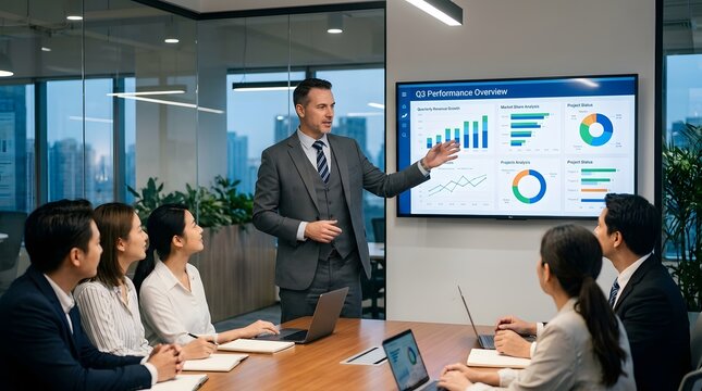 Business professional presenting q3 performance overview to colleagues in a modern office
