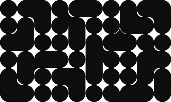 Seamless vector pattern illustration featuring black and white cat silhouettes and round 3D spheres in a grey metal texture design