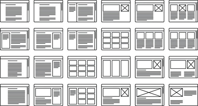 Website Wireframe Layout Set with Responsive UI Templates Grid Structures and Page Mockups for Web Design and UX Planning Vector Illustration