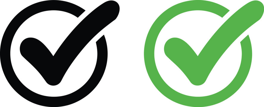 Checkmark circle icon set, modern vector icons of black and green ticks inside circles representing validation success and positive feedback concept.