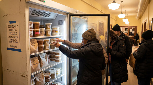 People selecting prepared meals from community fridge in mutual aid space showing food access solidarity neighborhood support refrigeration pantry assistance social care dignified food support