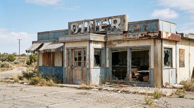 Abandoned diner building with peeling paint in deserted landscape  