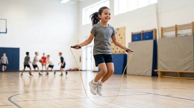 Young girl jumping rope with joy in school gym during class  