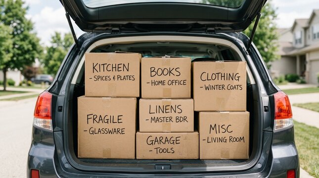 Packed moving boxes labeled for different rooms in car trunk  