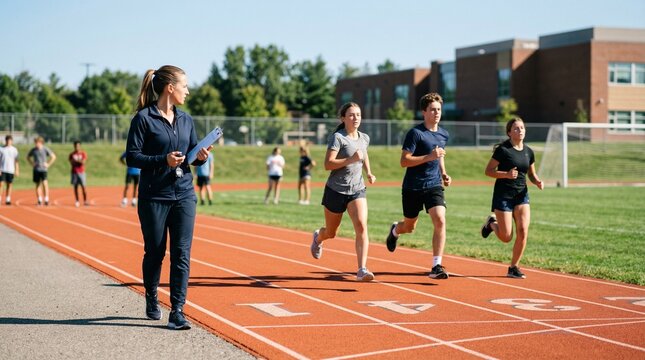 Coach monitoring students running on track field in summer
