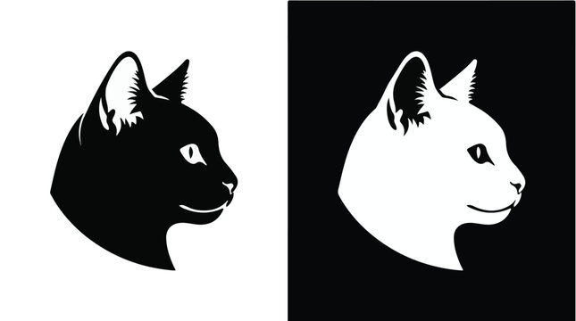 Black and white cat head silhouettes on split colored backgrounds