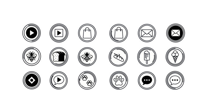 Circle Icons Set: Play, Shopping, Mail, Bee, Bread, Shoe, Ice Cream, Paw Prints