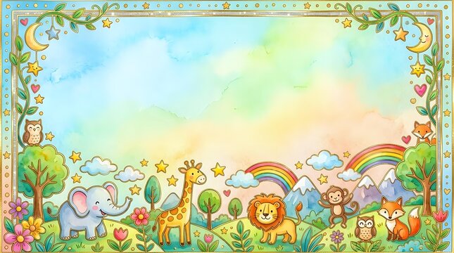 Watercolor cartoon animals border frame with elephant, giraffe, lion, monkey and fox in colorful meadow with rainbow for kids design.