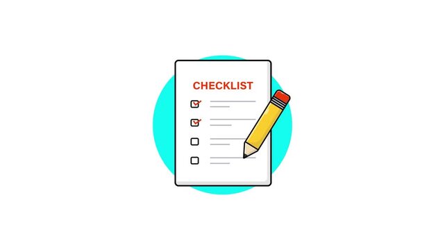 Animated checklist document with a pencil marking boxes isolated on a white background for task management and planning