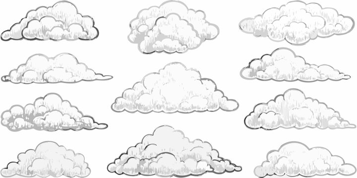 hand drawn clouds collection on white background