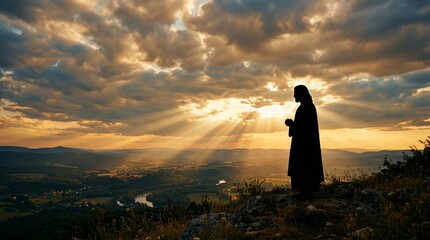 Jesus Silhouette with Light Rays Through Clouds Calm Spiritual Background