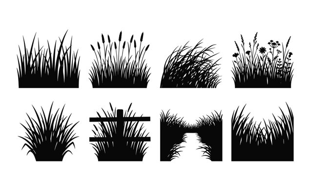 Grass Patch and Marsh Scene Silhouette Set &mdash; Wetland, Reed Bed, Meadow Ground Plant Vector Isolated