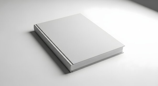 Simple plain white book resting on light grey surface in minimalist setting