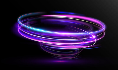 Colorful neon light trails forming dynamic spiral vortex with glowing motion effect isolated on dark background.  © NAUM